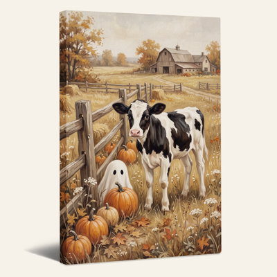 Vache noire et blanche dans un champ d'automne avec citrouilles, art mural d'Halloween