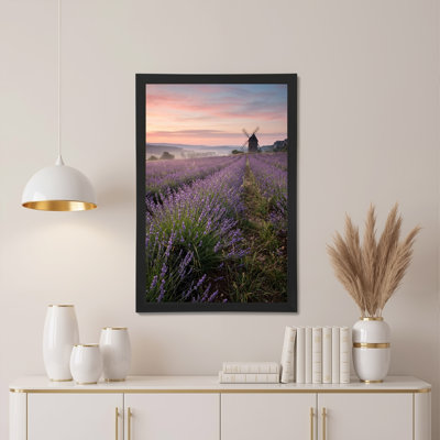 Art sur toile, champ de lavande mauve et moulin à vent sous un ciel rose