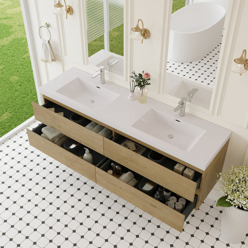 Meuble-lavabo flottant avec lavabo, Chêne, 70.87"