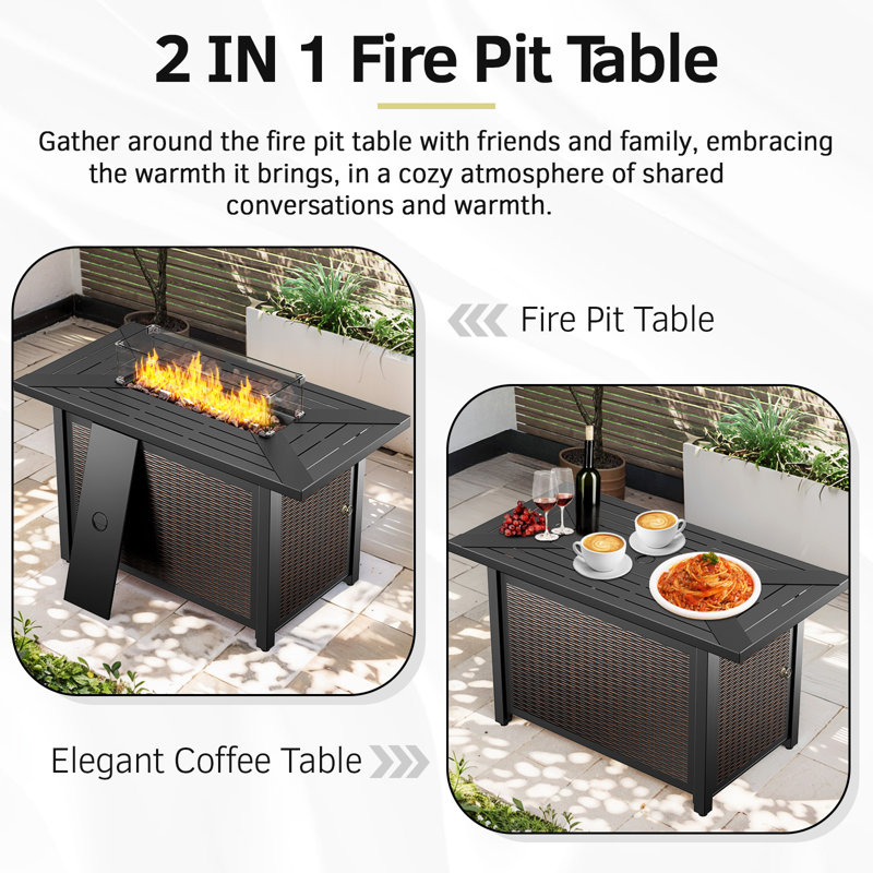 Himonia 8-Piece Outdoor Wicker Patio Rectangle Metal Fire Pit Table Conversation Set With 4 Swivel Gliders And Side Tables