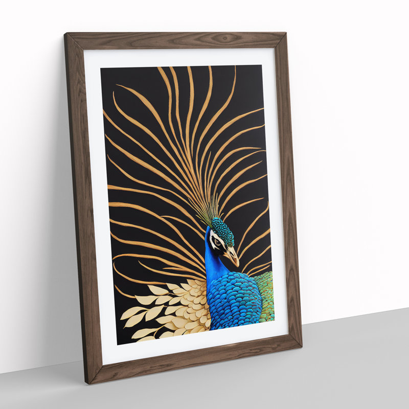 Striking Peacock Art No.4 - Framed Print, 64cm H x 46cm W, Walnut
