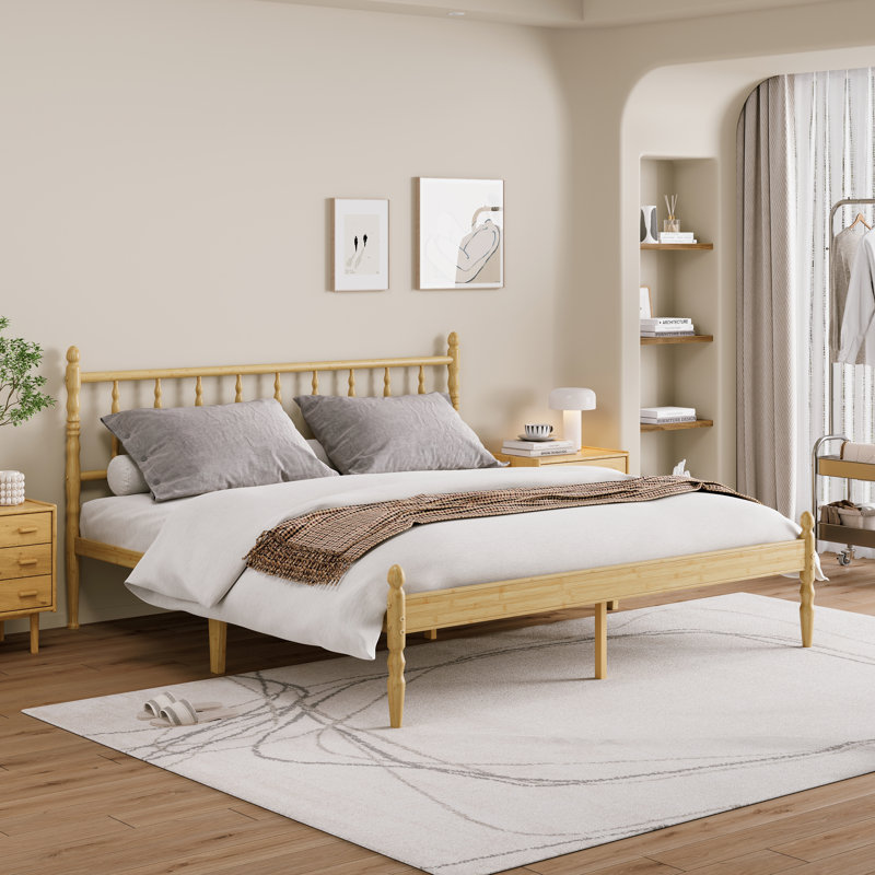 Eco-friendly Bamboo Platform Bed With Carved Headboard Elegant Turned Legs & Storage Clearance King Bed Frame, King