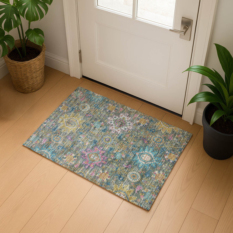 Premium Machine Washable Mayfield AMF2151 medallions Rug, Rectangle 1'8" x 2'6", Aloe