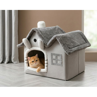Foldable Warm Soft Indoor Dog House with Double Roof Design, Cat Nest Style, Constructed from High-Elasticity 30D Memory Sponge, Includes Removable Cushion and Non-Slip Base, Grey, Size Medium