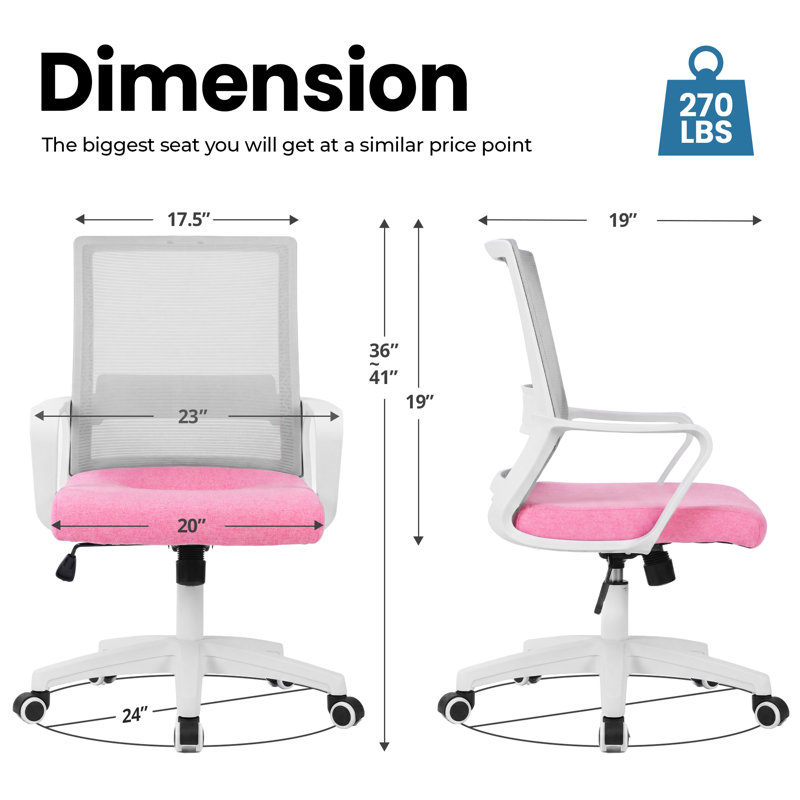 Nikyia  Ergonomic Mesh Office Task Chair with Deep and Wide seat, Pink