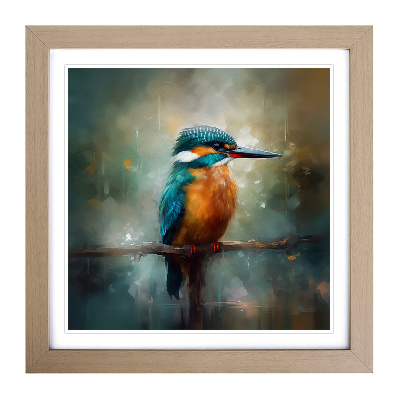 Kingfisher Impressionism - Single Picture Frame Print on Wood, Oak