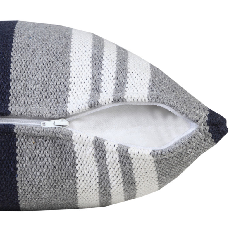 Coastal Striped Woven Hand-Made 100% Cotton Decorative Throw Pillow, Navy/Gray/White, Pillow Cover Only - No Insert