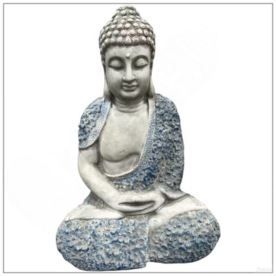 16'' Weatherproof Resin Buddha Garden Statue, Blue Floral Accent Meditating Buddha Figurine, Outdoor Zen Decor for Patio, Yard, Lawn & Landscape