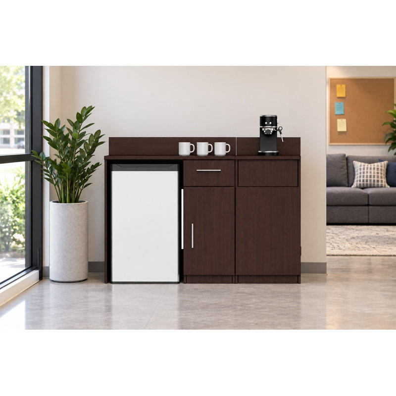Office Breakroom Refreshment Cabinet with Mini Fridge Opening & Trash Bin – Fully Assembled Commercial Coffee Station – 54" W x 24" D x 36" H