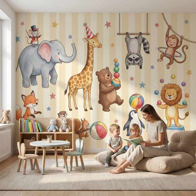Papier peint animaux de cirque, papier peint pour enfants, illustration aquarelle, fresque murale, 80"x96", Peel and Stick