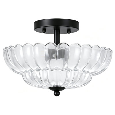 Plafonnier semi-encastré à 3 lumières de 30 cm (12 po), abat-jour en verre côtelé en forme de pétale, luminaire moderne vintage en laiton doré pour chambre ou cuisine