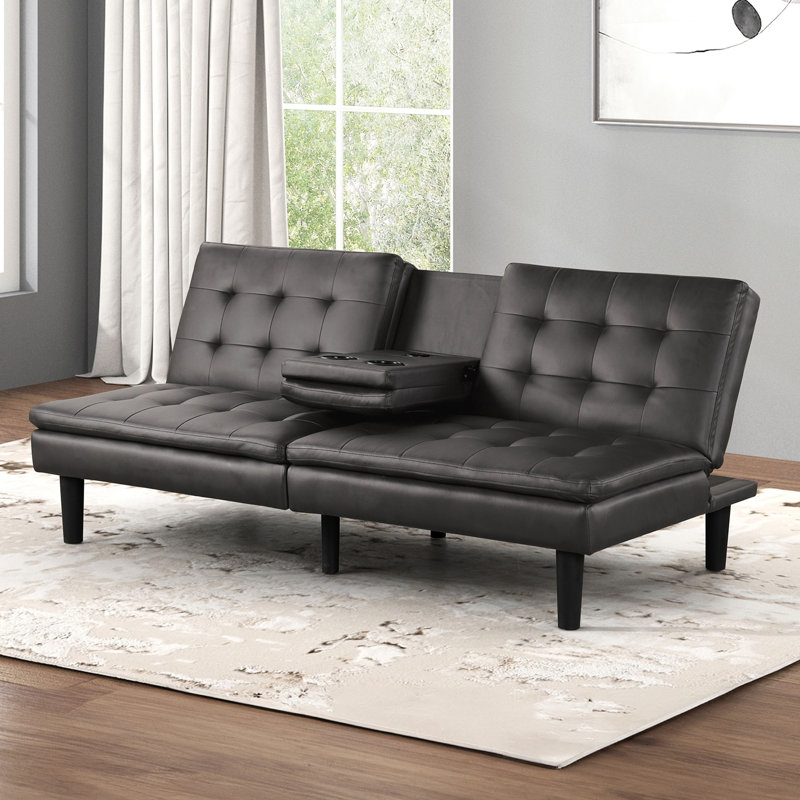 Gris, futon convertible, ambiance contemporaine, capitonnage biscuit, porte-gobelets, capacité de charge magnétisme, options