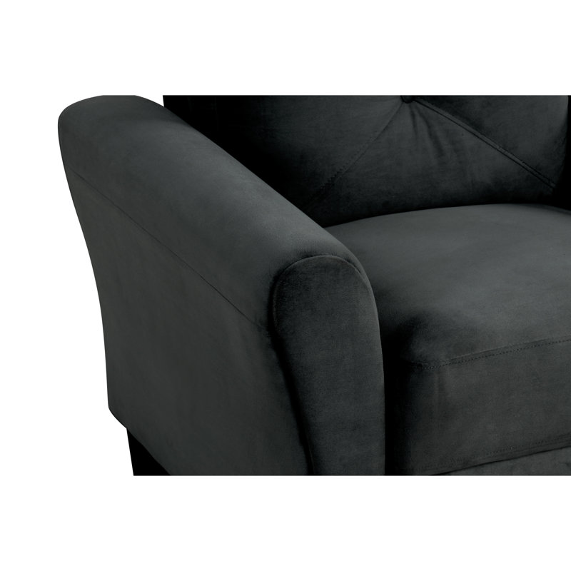 Canapé modulaire confortable en velours noir à 2 places pour la chambre à coucher ou le bureau, avec structure en bois franc, coussins de soutien en mousse et poupée en coton à accoudoir droit légèrement incliné