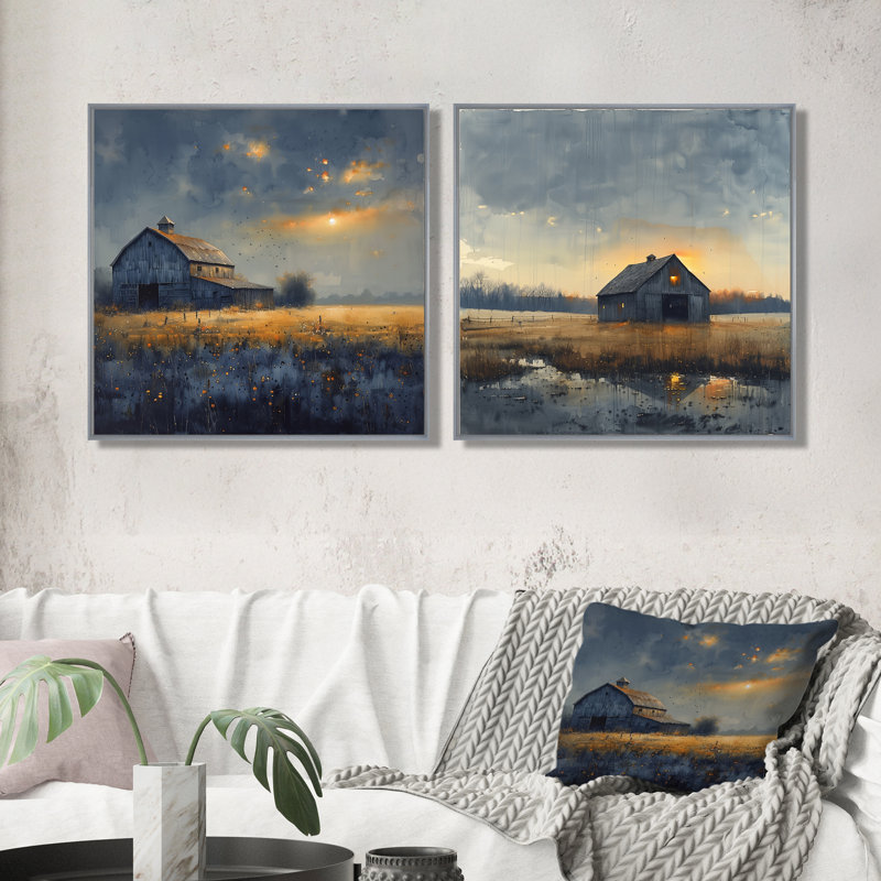 «Yellow Autumn Barn Golden Hour III» - art mural de grange - ensemble d'art mural traditionnel 2 pièces, Argent argent