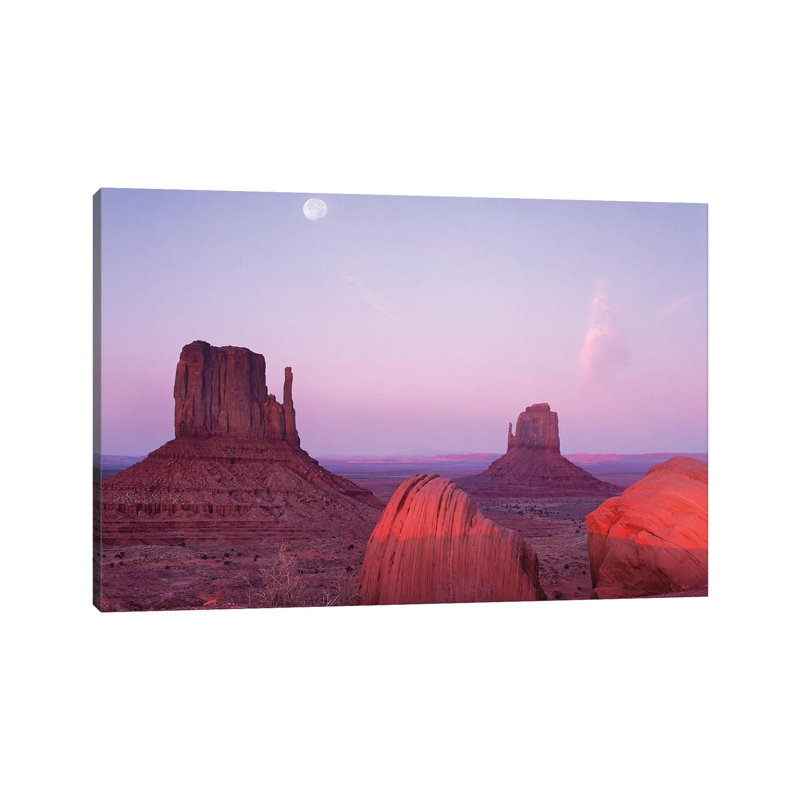 East and West Mittens, Buttes at Sunrise with Full Moon 1 Piece Wrapped Canvas Wall Art, 20.32 cm H x 30.48 cm W
