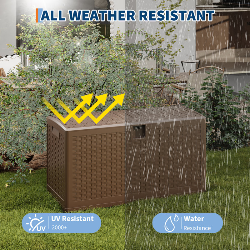 73 Gallon Brown Imitation rattan Resin Deck Box Lockable Large Outdoor Storage Boxes Waterproof Outdoor Storage Bin for Patio Furniture, Outdoors Cushions, Garden Tools and Pool Supplies