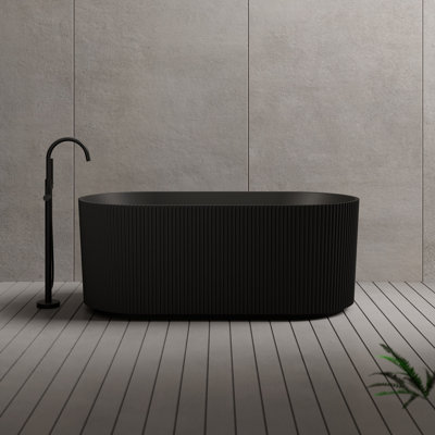 Monblari 59" X 29.5" Freestanding Black Soaking Acrylic Fluted Bathtub With Overflow And Pop-up Drain For Bathroom
