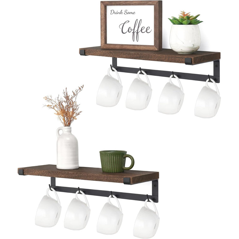 Support mural pour tasse à café avec crochets, paquet de 2 tablettes en bois, brun | Conception peu encombrante, de rangement et suspendue, convient aux ustensiles et aux canettes d'épices