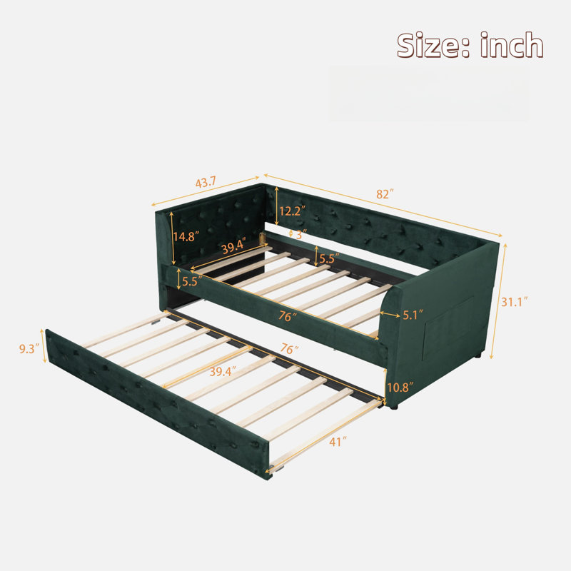 Ledley Upholstered Velvet Daybed with Trundle, Storage Pockets and Button Tufted Design, Green