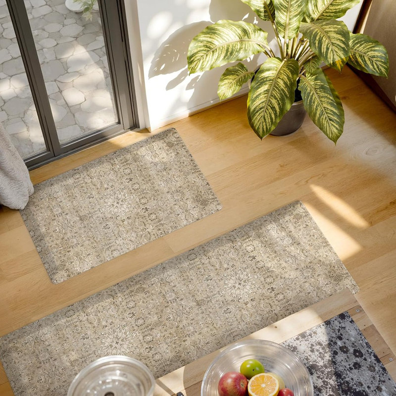Tapis de cuisine multicolores - 2 pièces, rembourrés, antifatigue, antidérapants, imperméables, floraux rétro, tapis autoportants pour la cuisine, la lessive, le bureau, le bar et le bureau