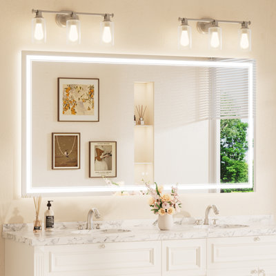 Frontlit and Backlit LED Bathroom vantiy Mirror,3 Color Dimmable Light & Anti-fog Tempered Glass mirror