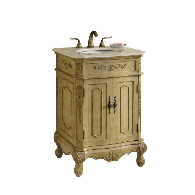 24'' Single Bathroom Vanity with Marble Top, Antique White, Cream