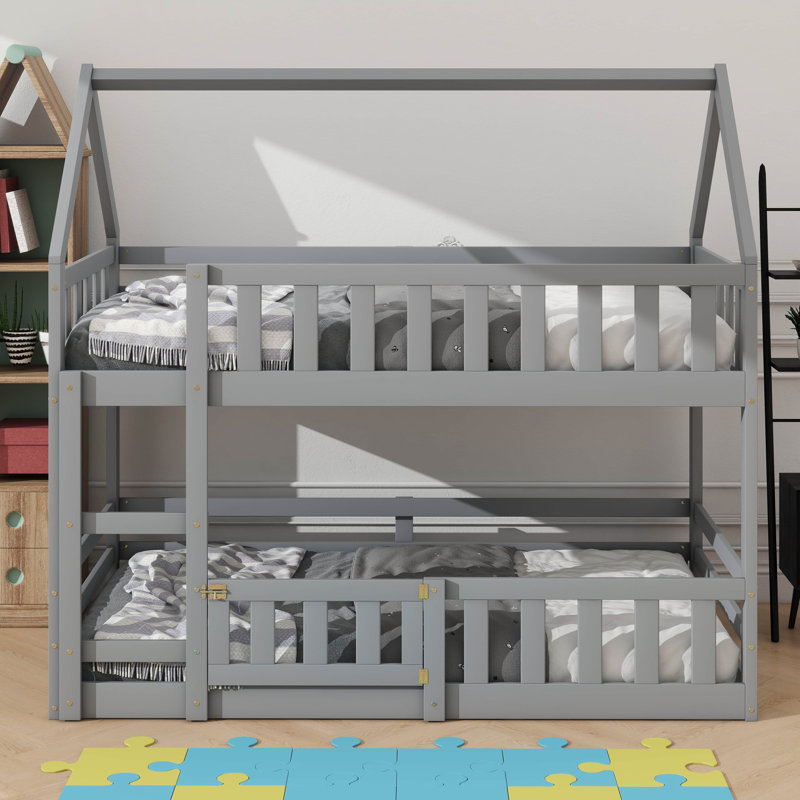 Twin-On-Twin Bunk Bed With House-Themed Fencing & Door Accents, Gray