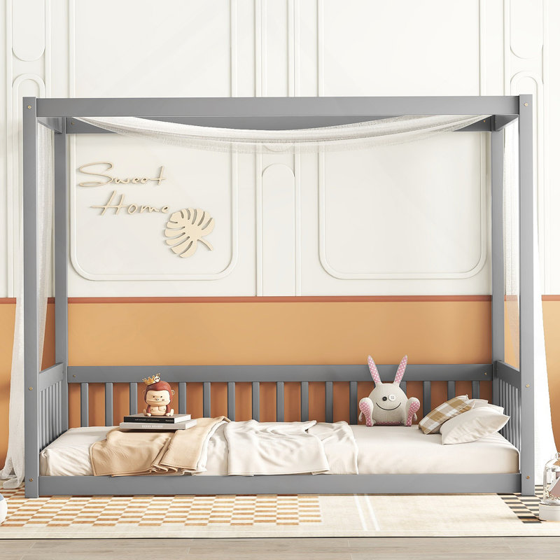Canopy Frame Floor Bed With Fence, Guardrails, Gray, Twin