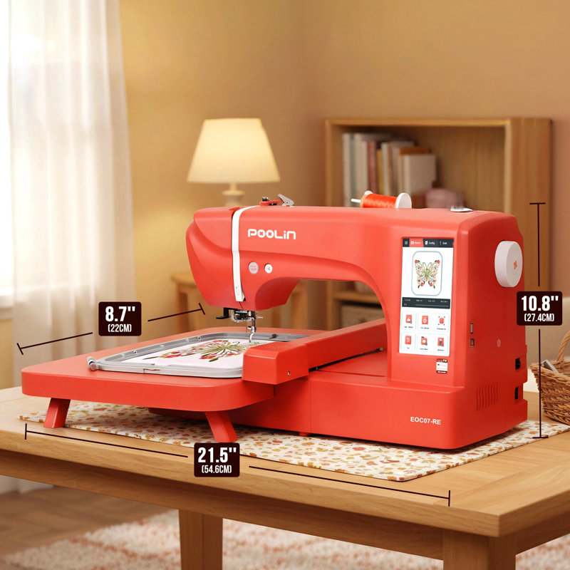 Machine à broder informatisée Poolin EOC07-RE avec zone de broderie maximale de 7,8 po x 14,9 po avec 4 cercles, écran tactile ACL de 7 po, 8 fontes, 12 langages, 200 motifs de fantaisie, USB et sans fil, logiciel pour ordre commercial, bricolage, cadeaux pour femmes