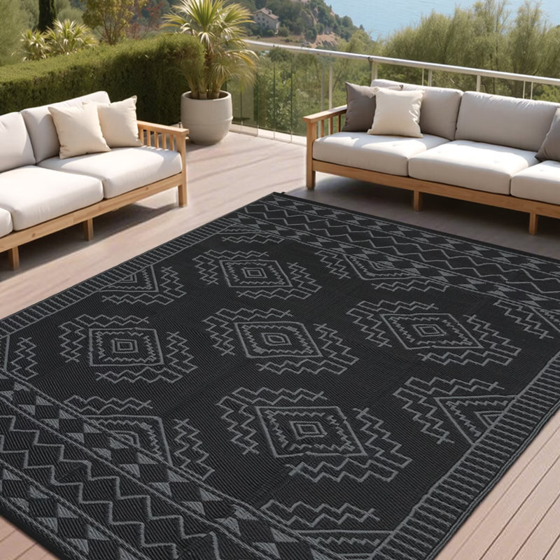 Large Outdoor Rug 8x10 Ft Waterproof Plastic Straw Rug Reversible Geometric Patio Carpet, Foldable Portable Camping Mat Picnic Mat with Stakes & Bag