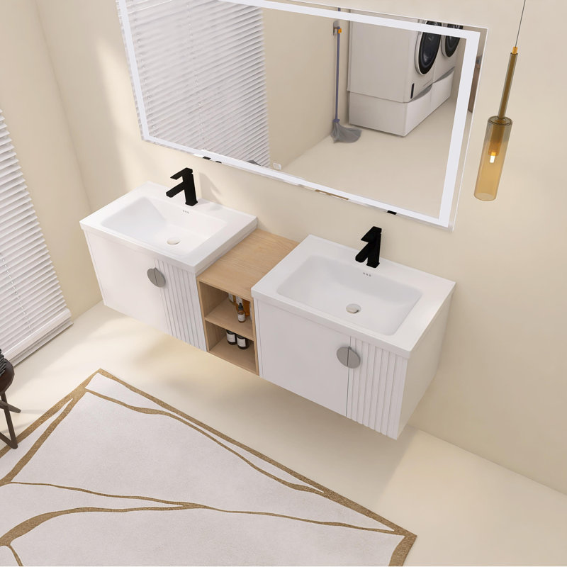 68" Double Sink Wall Mounted Bathroom Vanity, Floating Vanity with 4 Doors, Ceramic Sinks & Storage Shelves, White