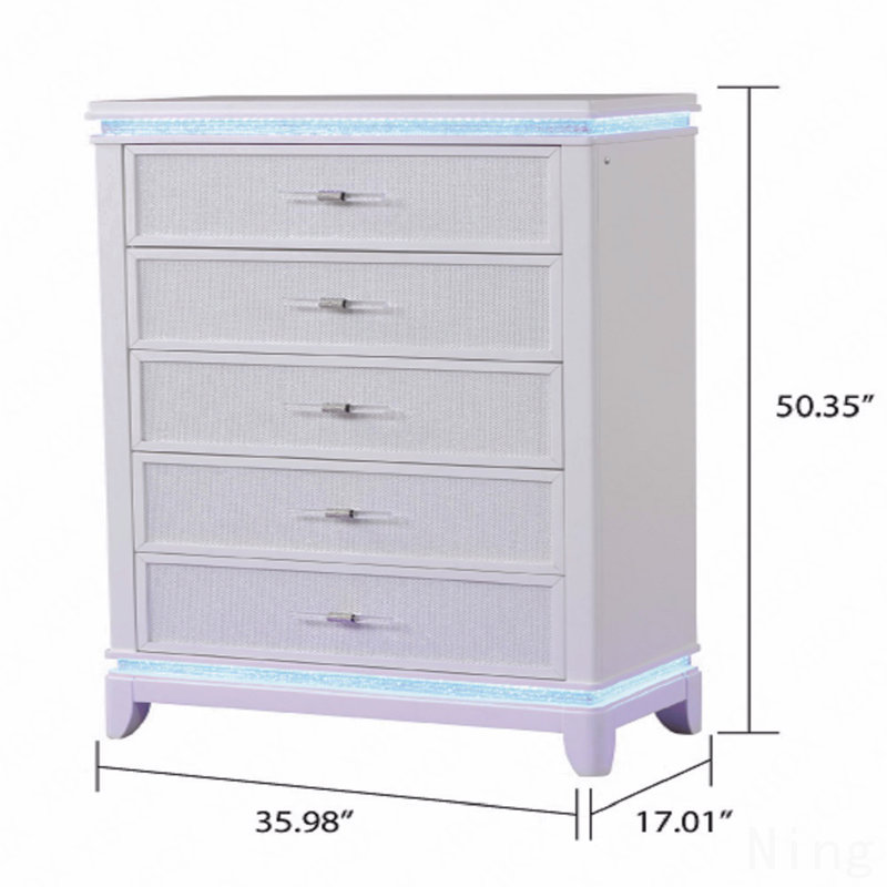 Commode à 5 tiroirs de style moderne avec poignées en diamant et détails réfléchissants