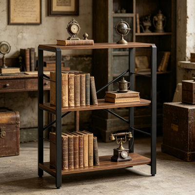 Small Bookshelf 3 Tier Rustic Book Shelf With Storage, Industrial Low Short Bookcases For Office Bedroom And Living Room, MDF Shelves With Metal Frame