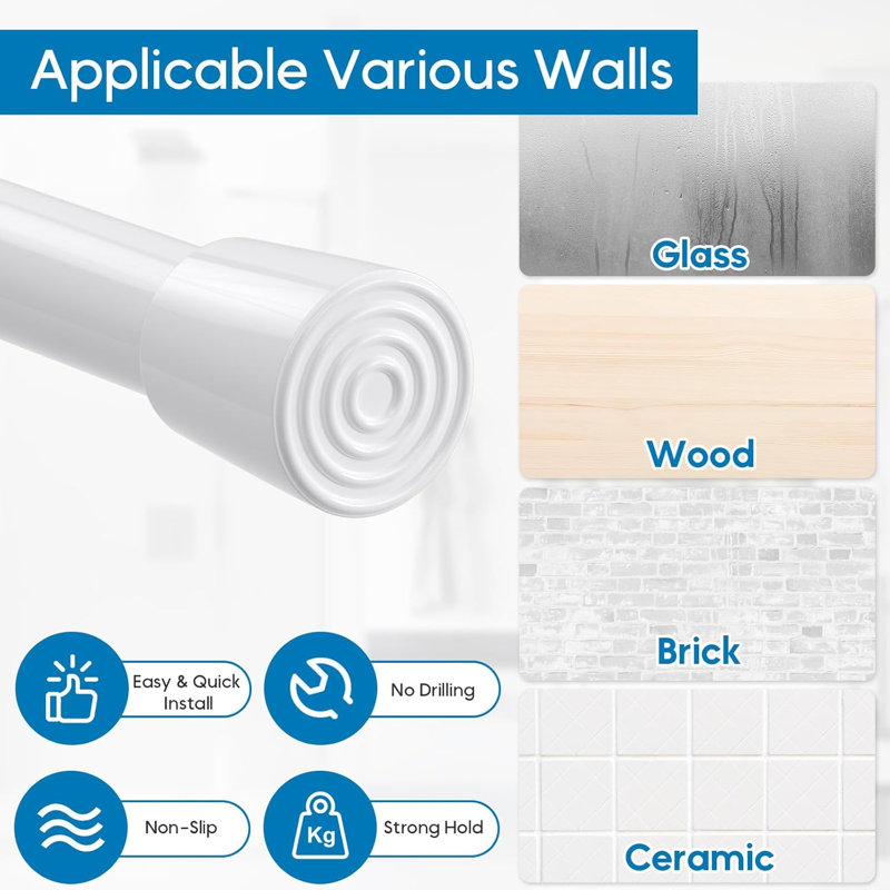 68-100 Cm Shower Curtain Rod, Spring Rod Extendable Curtain Pole, No Drill ,Tension, White
