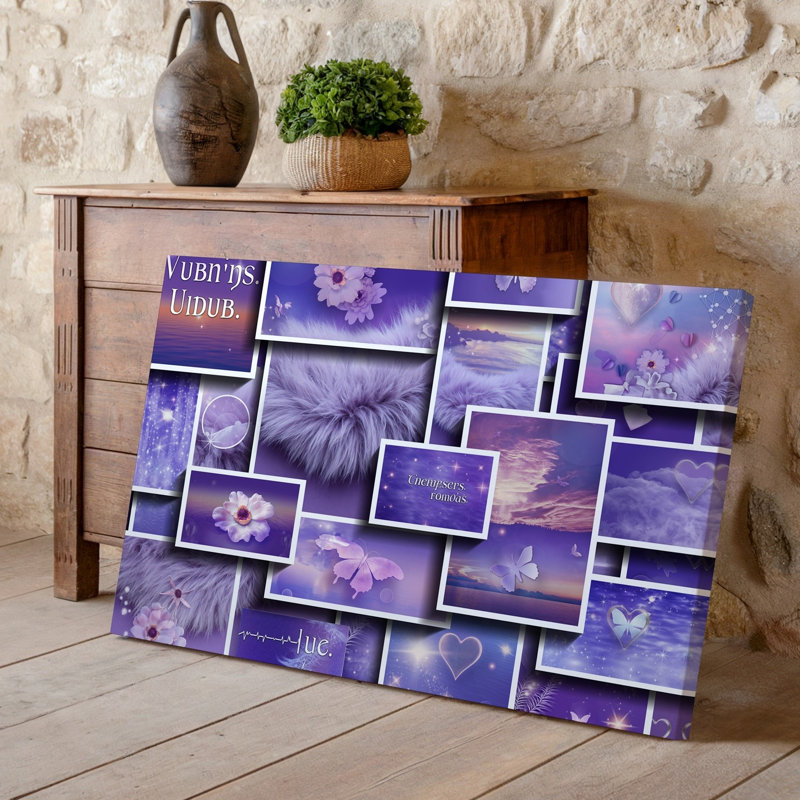 Toile «A Dreamy Collage» composée de diverses nuances de mauve avec art mural, textures douces comme la fourrure duveteuse et les nuages délicats