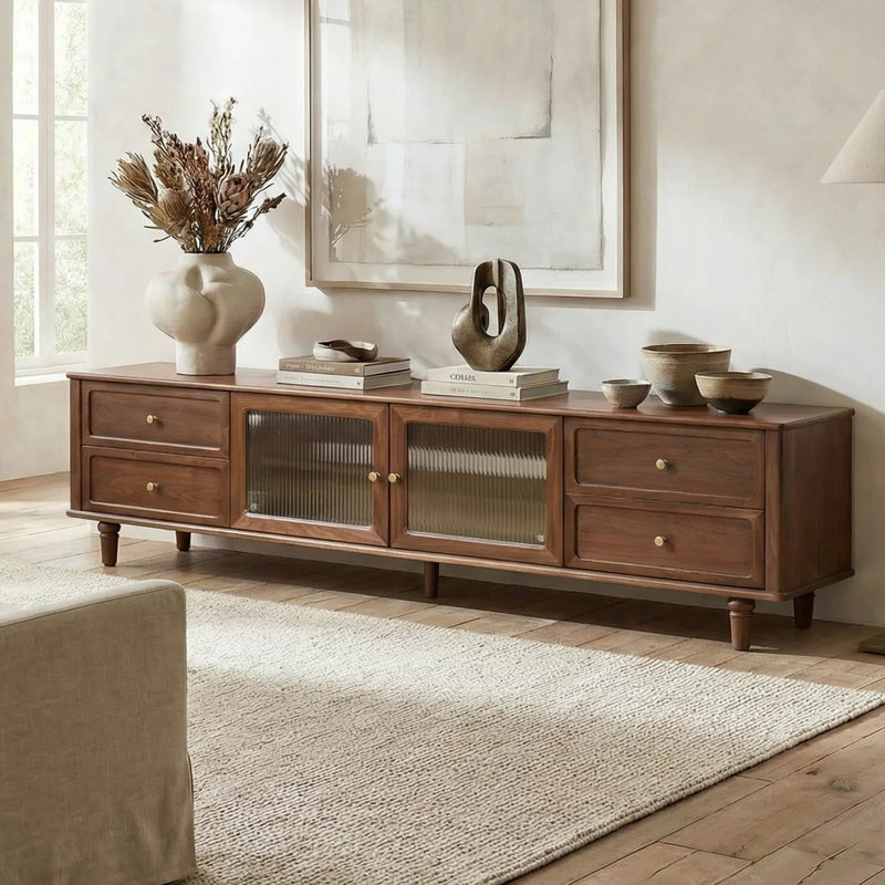 86.6"W Solid Walnut Modern Traditional TV Stand, 86.6"L, Walnut