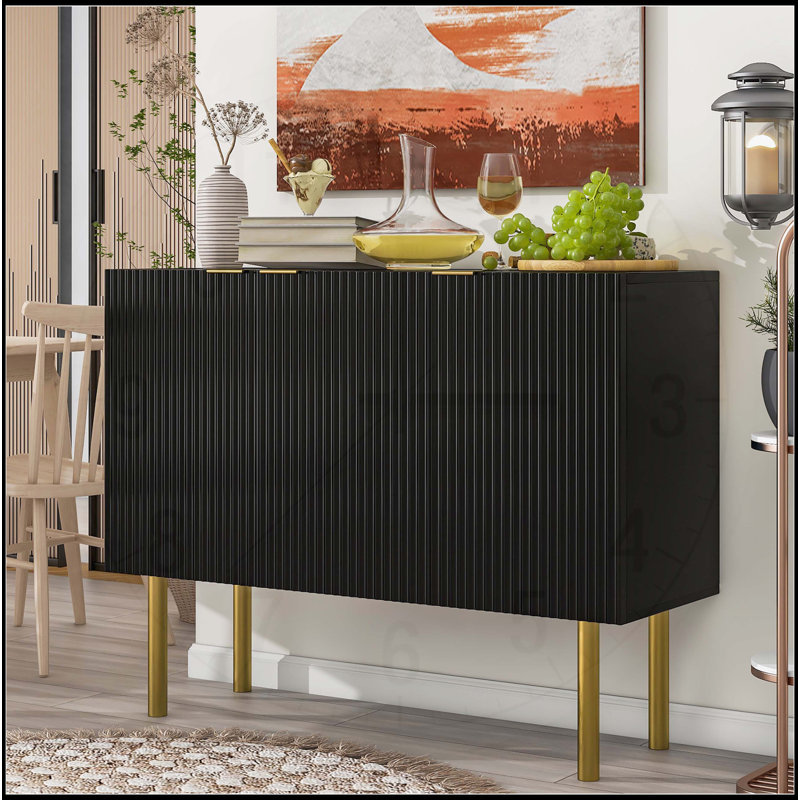 Buffet moderne, simple et luxueux avec tablettes réglables et pieds en métal doré, Noir