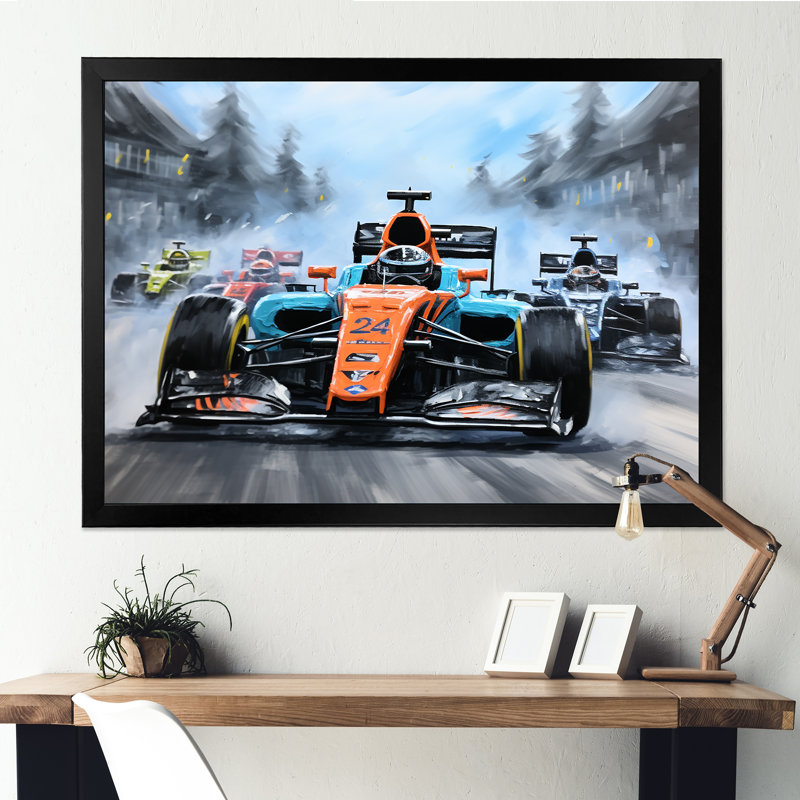 Orange et bleu, voiture de course, art mural, Cadre d'angle fermé noir, H 12 po x l 20 po x P 1 po