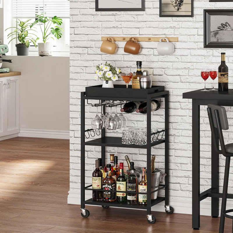 Black Bar Cart With Removable Tray, Home Serving Cart With Wine Rack & Glass Holder, Rolling Beverage Cart For Living Room Kitchen