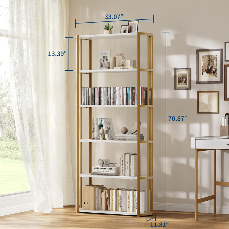 71 Inch Tall Bookshelf, 6 Tier Industrial Bookcase with Heavy Duty Metal Frame, Slim Farmhouse Storage Shelves, White