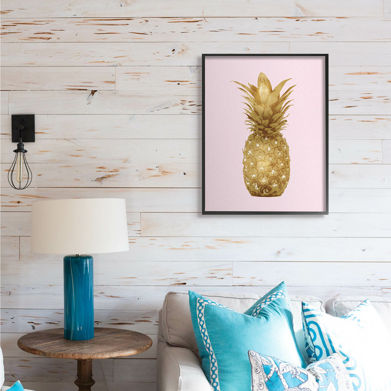 Golden Glam - ananas sur rose, Giclée encadrée noir minuit, H 30 po x l 24 po