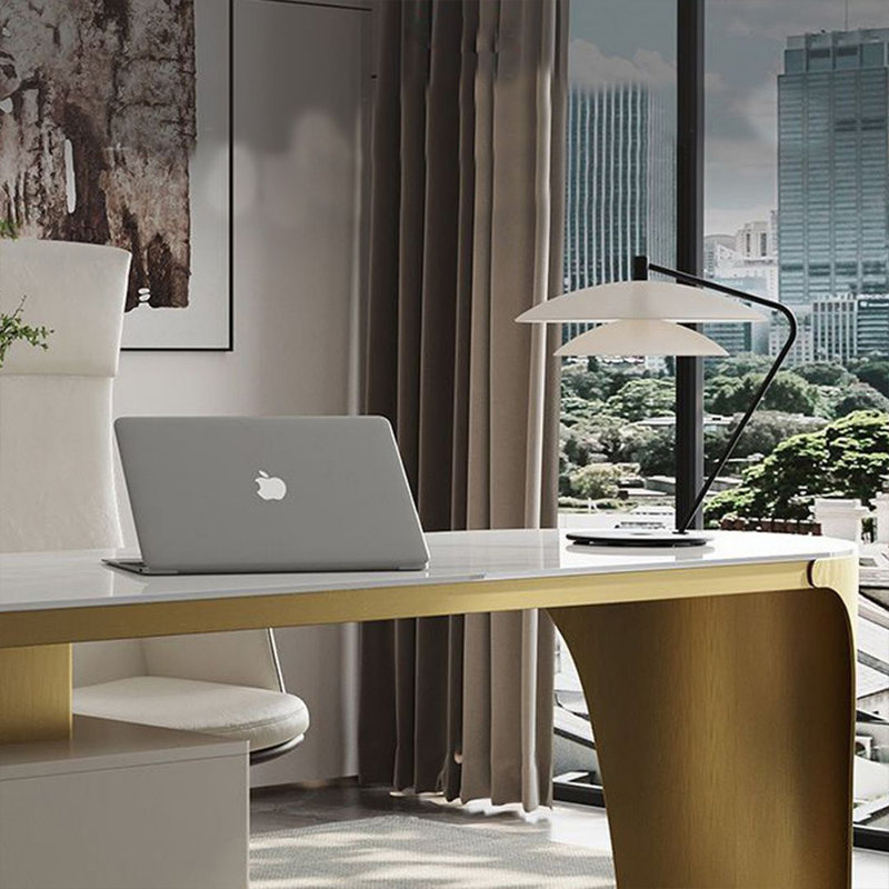 Beige-white + L-Shaped Sintered Stone + Manufactured Wood + Stainless Steel with 3 drawers Desk, Gold/Beige/White