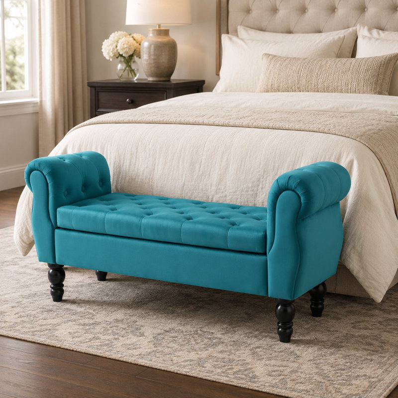 Banc de rangement 48 po en velours capitonné avec accoudoirs roulés, Sarcelle