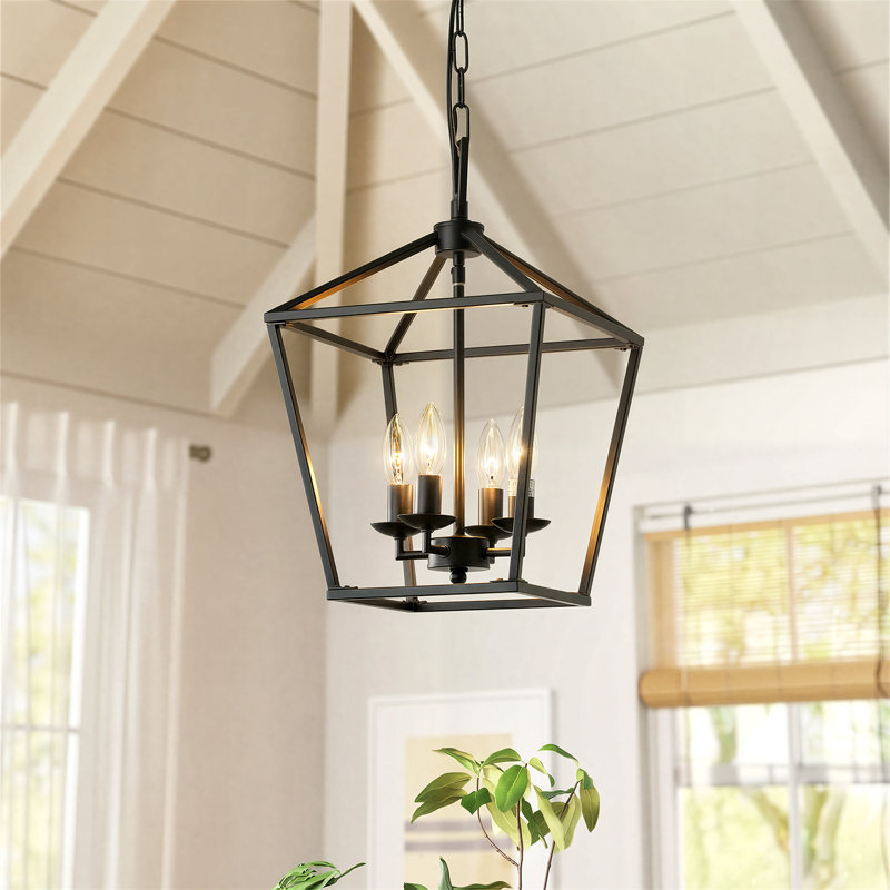 4-Light Lantern Geometric Chandelier in Matte Black