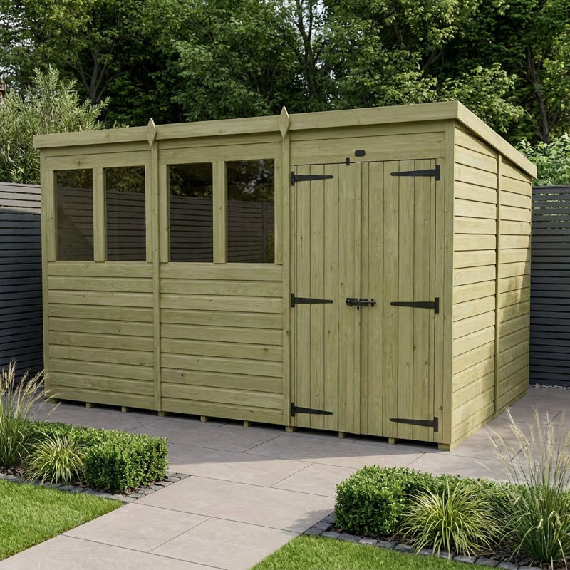 Total Sheds 12ft x 8ft Pent Garden Shed - Double Door - With Windows - Pressure Treated Timber - UK Manufactured