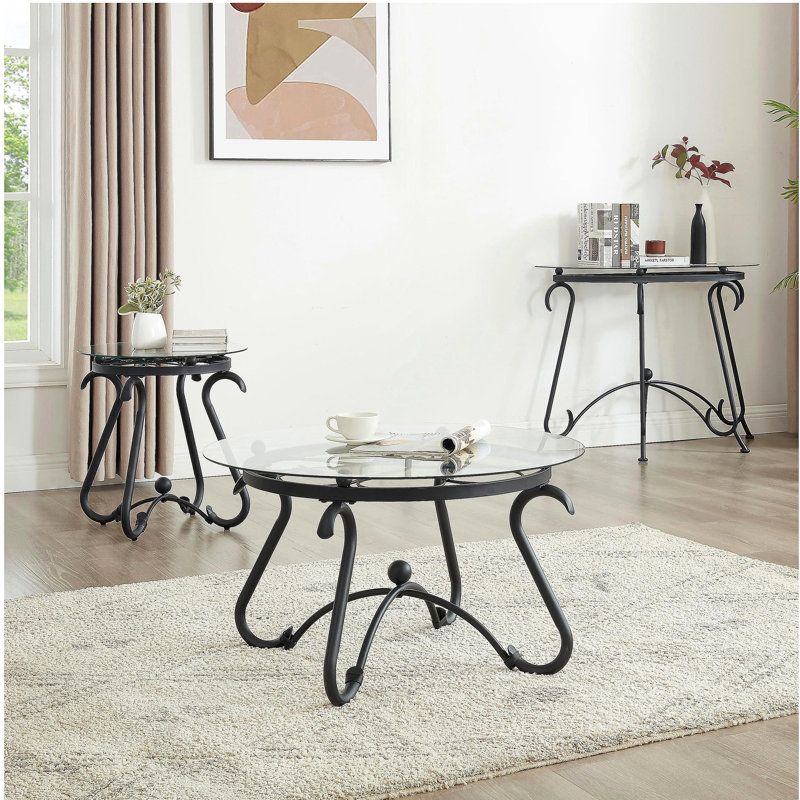 Table basse à surface en verre trempé avec construction robuste pour le salon (noir rustique)