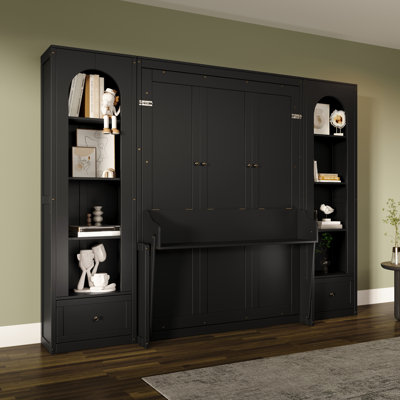 Queen Size Murphy Platform Bed with Shelves, Side Cabinets, Drawers & LED Lighting, Black