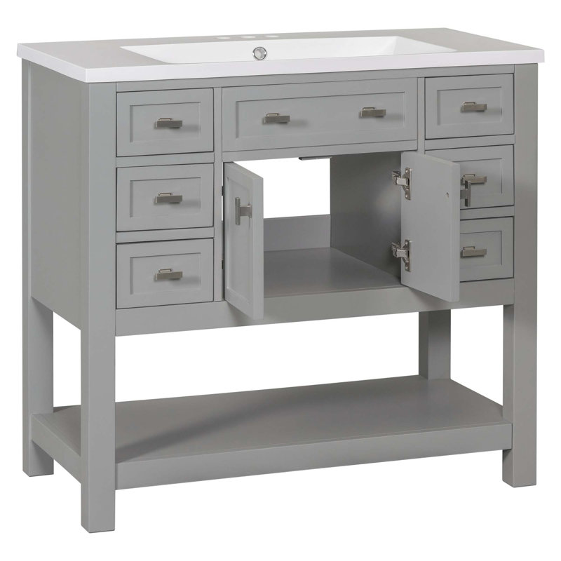 Meuble-lavabo moderne avec lavabo supérieur, 2 portes à fermeture douce et 6 tiroirs, Gris