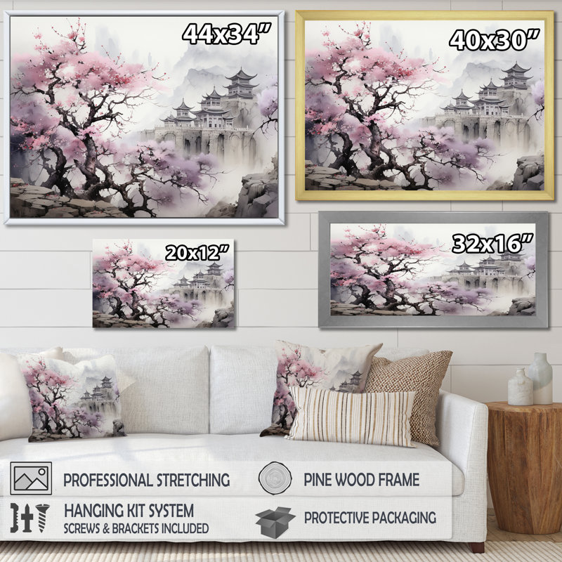 Rose, paysage floral japonais, paysage I - Japon, art mural, Cadre d'angle fermé noir, H 30 po x l 40 po x P 1,5 po