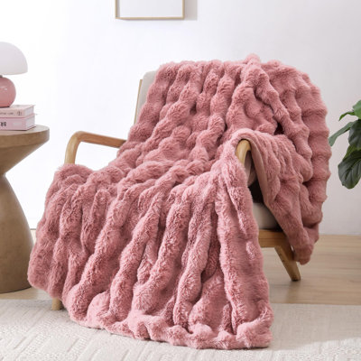 Faux Fur Throw Blanket for Couch – Old Pink Fluffy Cozy Rabbit Fleece, Plush Soft Bubble Blanket for Sofa & Bed, Warm Fuzzy Home Room Decor Throw 50" x 60"